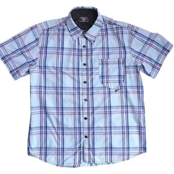KAVU Mens Large Blue Plaid Short Sleeve Button‎ Up Outdoor Casual Shirt - Picture 2 of 16